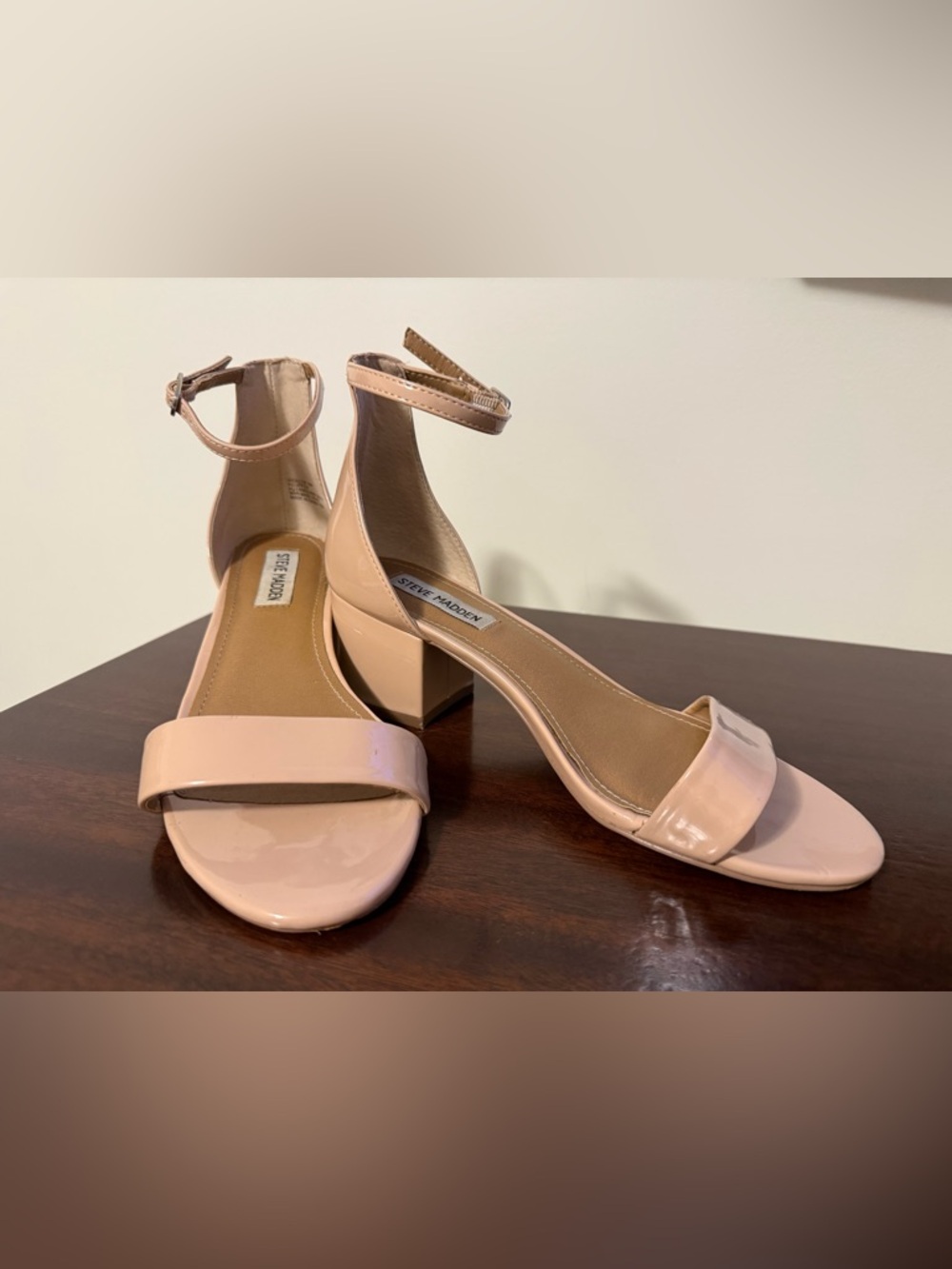 Steve Madden Blush Nude Patent Ankle-Strap Block Heel Sandals Size 8 Wide